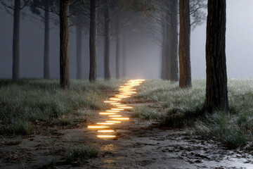 Glowing path of lights leading through misty forest at night creating mysterious atmosphere and futuristic fantasy landscape with copy space