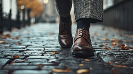 Close up of brown leather shoes and patterned trousers walking on cobblestone street with fallen leaves