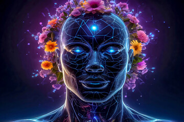 A human head made of transparent glass, cracked open at the top, with bright flowers and neon circuits in full bloom. The background is a gradient of dark purple and electric blue.