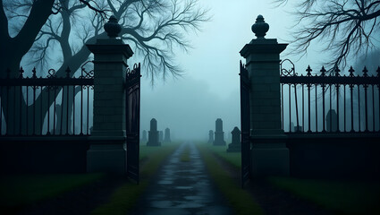 Halloween Old graveyard gates opening to a foggy field of gravestones, twisted tree shadows cast on the path, dramatic Halloween background (1)