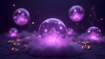Halloween Mystical background with glowing crystal balls, swirling smoke, and golden magic runes floating on a deep violet Halloween backdrop
