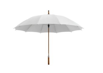 A white umbrella, open, with a wooden handle, stands alone against a black background.  The canopy is circular and the ribs are visible