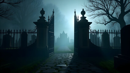 Halloween Old graveyard gates opening to a foggy field of gravestones, twisted tree shadows cast on the path, dramatic Halloween background (3)