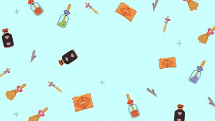 Halloween Pattern of tiny potion bottles, spell books, and broomsticks on a pale blue Halloween background for magical event invitations or stationery