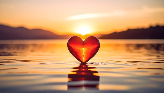 Sunset serenity—heart-shaped sculpture floating on reflective water with glowing orange sun dipping behind distant mountain range. Soft ripples shimmer in foreground as golden hour light dances across