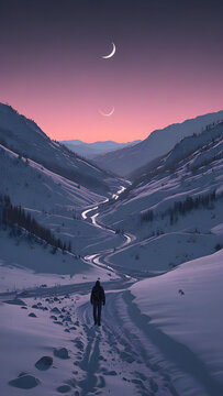 Vertical view an silhouette of a man standing on a snowy mountain with blank space at top gor text placement 