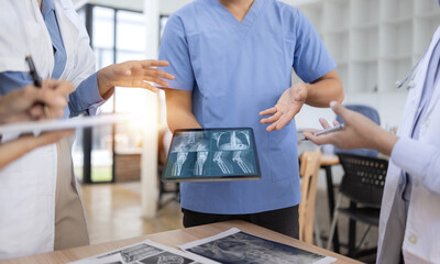 Medical team brainstorming having a meeting in conference room at hospital, Medical technology and...