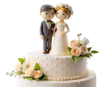 Wedding cake with bride and groom figurines and roses isolated on transparent background - Powered by Adobe