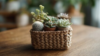 Gentle Green Delight: Woven Basket with Tiny Succulents as a  Peaceful Tabletop Present