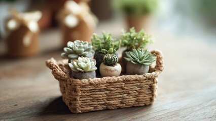 Gentle Green Delight: Woven Basket with Tiny Succulents as a  Peaceful Tabletop Present