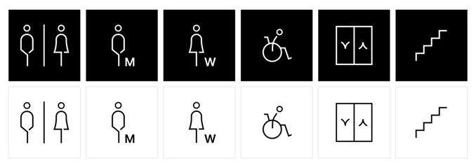 Public Signage Icon Set - Restroom, Accessibility, Elevator, Stairs Symbols.