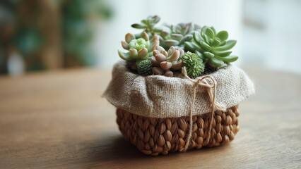Gentle Green Delight: Woven Basket with Tiny Succulents as a  Peaceful Tabletop Present