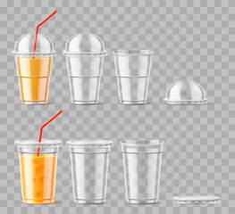 Realistic clear plastic juice glass. Full and empty cup with lid on transparent background. Beverage mug. Cocktail and smoothie. Disposable container for liquid. Vector 3D objects set
