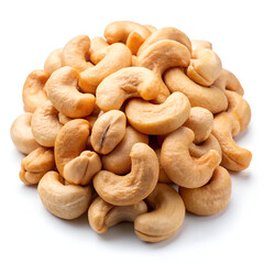 A pile of raw cashews isolated on a white background, highlighting their creamy texture and nutritional value