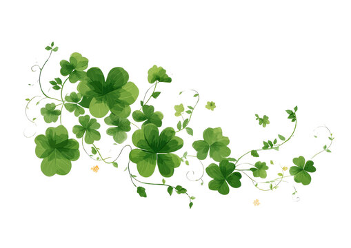 A stylized graphic design of numerous shamrocks, depicted as lush green leaves, intertwined with flowing, decorative vines.  The image is vibrant and suggests a celebratory or auspicious theme