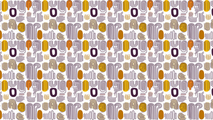 Repeating pattern with geometric shapes in brown orange and purple on a white background design element