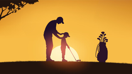Father Teaching Son Golf at Sunset Silhouette