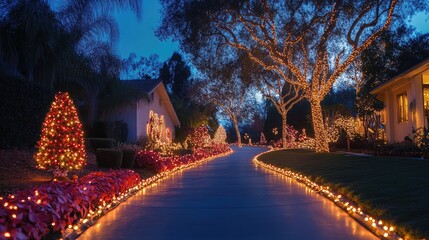 A driveway lined with christmas lights leading to a house decorated for the holiday season at night