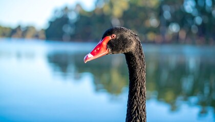 Fototapeta premium Close-up of a Black Swan with Red Beak and Eye, Lake Background