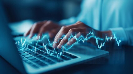 Hands typing laptop keyboard with digital stock market graph overlay showing financial analysis and trading activity and stock market analysis with - Powered by Adobe