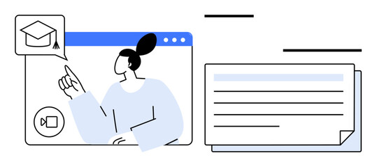 Woman interacting with online material, graduation cap icon, and video conferencing elements. Ideal for education, e-learning, virtual classrooms, digital tools, distance learning, online mentorship