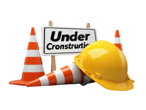 Construction site warning, safety cones, hard hat