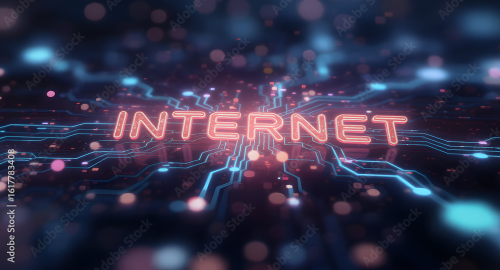 Poster internet word with glowing digital network. technology, data flow, global connection, and communicat