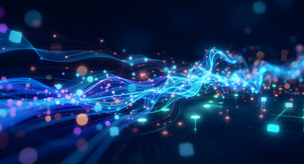 Fototapeta premium Abstract Blue Digital Data Flow Network. Futuristic Technology, Big Data, AI, and Communication Concept.
