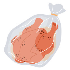 Chicken with spices and marinade in plastic bag for baking in oven. Meat preparation. Raw broiler in pack. Dinner cooking. Poultry preparing in stove. Uncooked bird. Vector food product