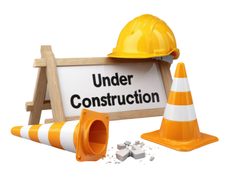 Construction site warning sign, hard hat, and cones