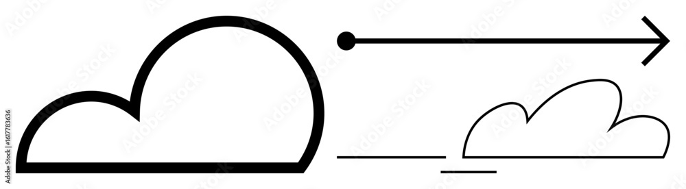 Poster cloud shapes with a minimalist arrow symbolizing data movement, cloud technology, and progress. idea