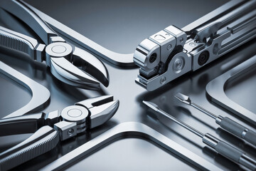 Close up of robotic precision engineering tools arranged metallic surface, showcasing detailed mechanical parts and tools used for fine assembly or repair work, emphasizing technology