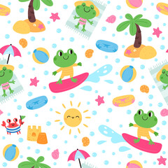 Cartoon frogs relaxing. Summer vacation seamless pattern. Animal sunbathing on beach and riding surfboard. Repeated print. Happy froglet resting at seashore resort. Vector background