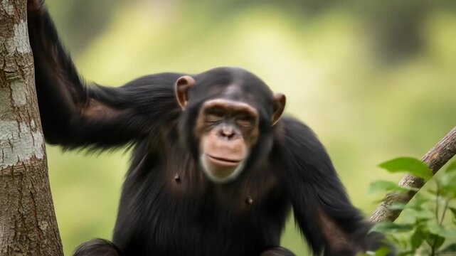 Close-Up of a Chimpanzee Laughing or Calling in a Lush Green Tree