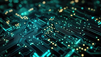 Obraz premium A close up view of a detailed circuit board with glowing lights and intricate pathways design work