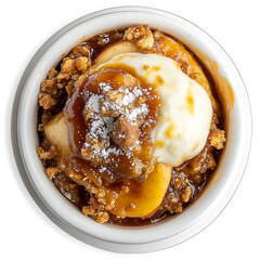 Warm Apple Crumble Topped with Vanilla Ice Cream and Caramel Sauce