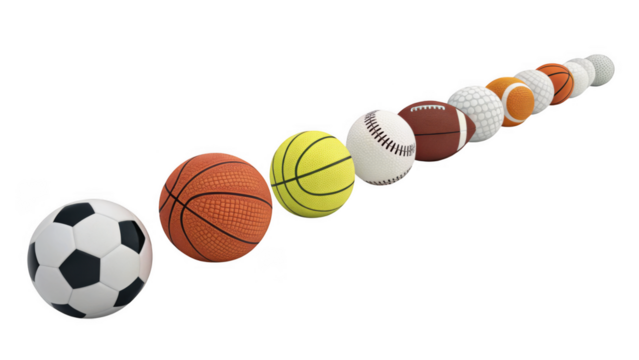 A diagonal line of various sports balls including soccer basketball tennis and baseball isolated on transparent background