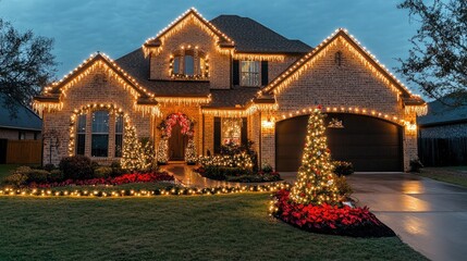 Festive house adorned with christmas lights and decorations at dusk creating a warm and inviting scene