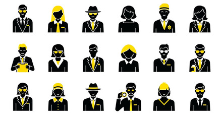 Vector SVG Icon Set Featuring Diverse Silhouettes of People with Sunglasses in Modern Flat Style with Yellow Accents