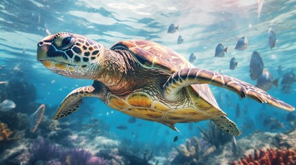 Obraz premium Sea turtle swimming gracefully underwater with fish and coral reef in the background marine wildlife scene
