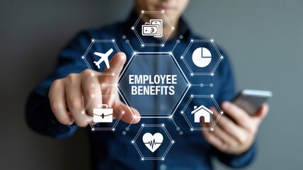 Tailored Employee Benefits: A person interacting with an "EMPLOYEE BENEFITS" hexagon surrounded by various perks icons, illustrating comprehensive welfare programs and staff satisfaction