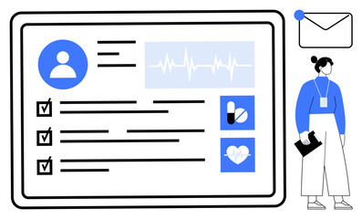 Tablet displaying a medical profile with user photo, checklist, health data, and heart icon. Healthcare professional standing with clipboard. Ideal for health management, telemedicine, patient care