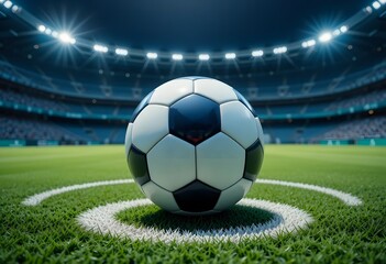 Naklejka premium Close-up of a realistic soccer ball resting at the center circle of a professional football field