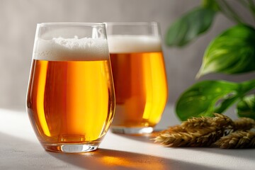 Two glasses of beer with visible foam situated on a white surface accompanied by hop and green leaf elements