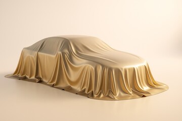 Covered car shape draped in gold satin cloth under soft light on beige background, symbolizing luxury vehicle reveal concept.