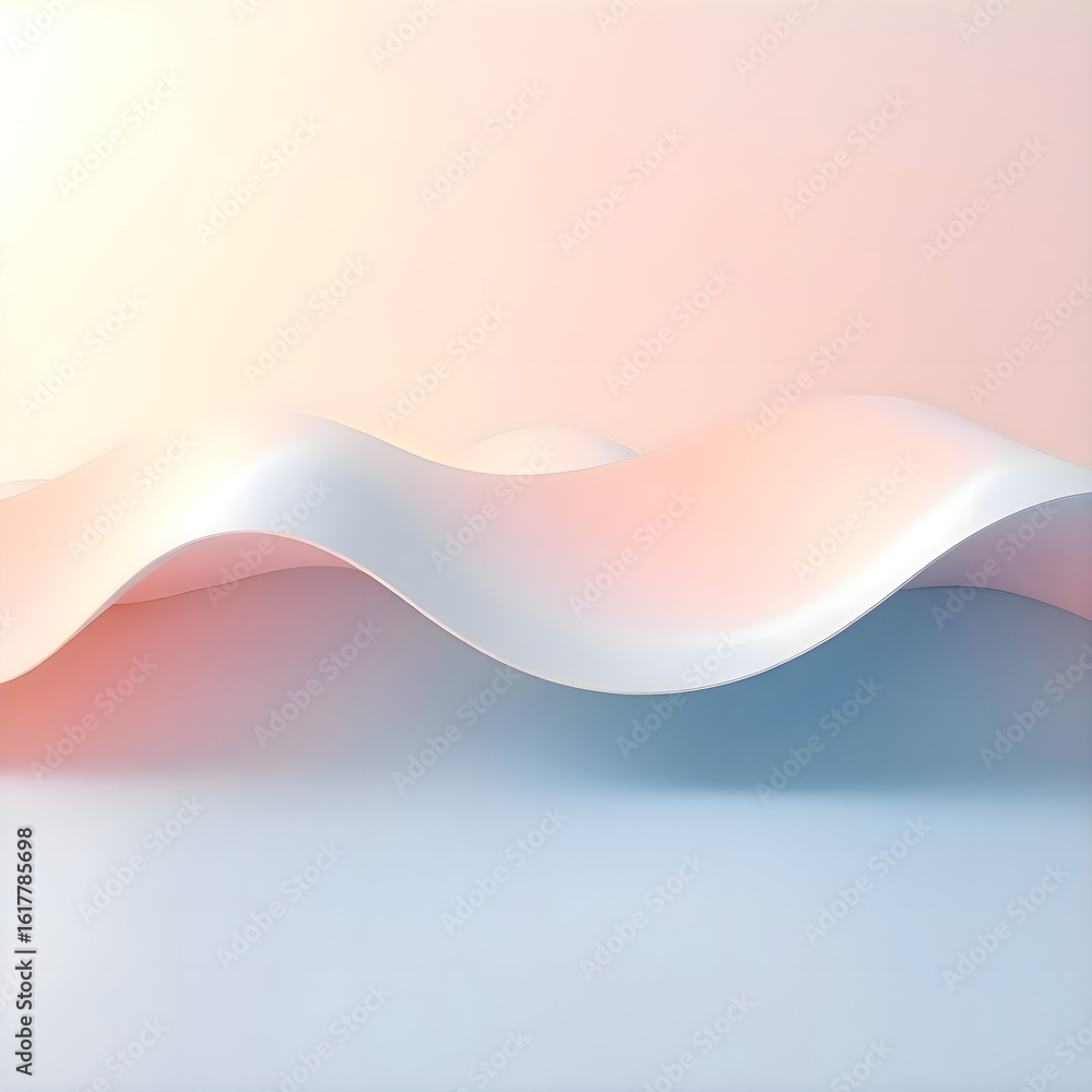 Poster conceptual image of a white wave element flowing across a soft pink and blue gradient background, sy