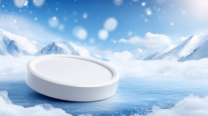 White circular platform on snowy landscape with mountains in background