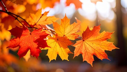 Obraz premium Close-up of vibrant colorful maple leaves in warm autumn tones with a soft blurry background. Peaceful seasonal nature atmosphere captured beautifully. Suitable for marketing or business purposes
