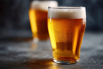 Two glasses of light beer stand on a textured surface with the closer glass in sharp focus and the background blurred