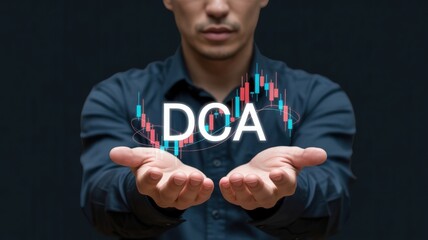 Strategic Investment with DCA: Hands holding "DCA" above a fluctuating candlestick chart, emphasizing Dollar Cost Averaging for consistent portfolio growth and risk mitigation